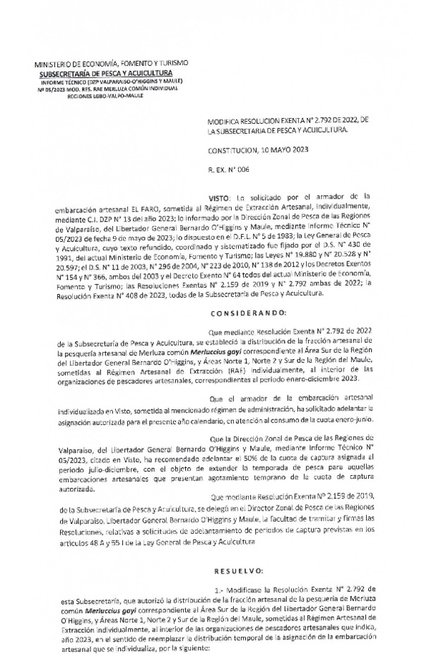 Res. Ex. N° 006-2023 (DZP Valparaíso-O'Higgins-Maule) Modifica Res. Ex. N° 2792-2022 Establece Distribución de la Fracción Artesanal de Merluza Común Individual, en Área que Indica, Año 2023. (Publicado en Página Web 12-05-2023)