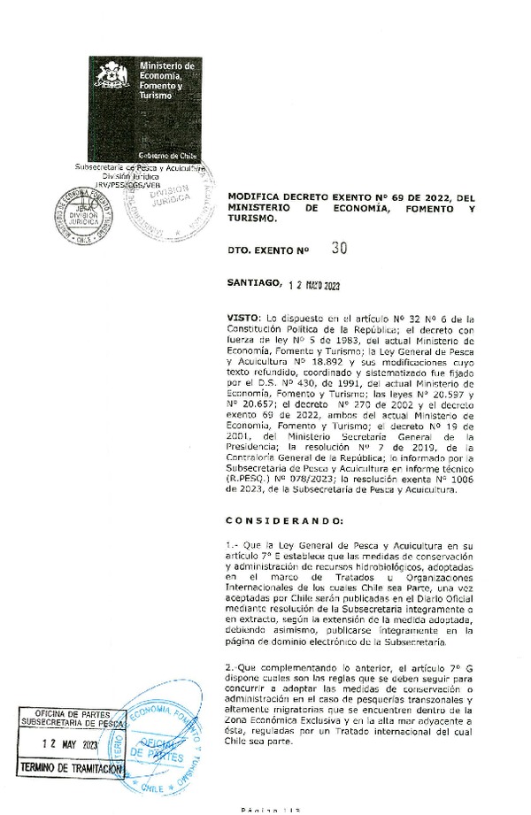 Dec. Ex. N° 30-2023 Modifica Dec. Ex. N° 69-2022 Establece Cuota Anual de Captura Para el Recurso Jurel, Año 2023. (Publicado en Página Web 12-05-2023)