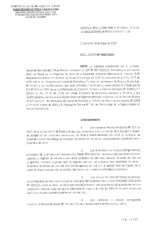 Res. Ex. 0007-2023 (DZP Atacama - Coquimbo) Modifica Res. Ex. N° 0104-2023 Distribución de la Fracción Artesanal de Pesquerías Crustáceos Demersales, Región de Coquimbo, por Flota e Individualmente, Año 2023. (Publicado en Página Web 15-05-2023)