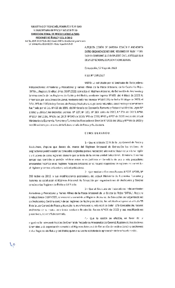 Res. Ex. N° 058-2023 (DZP Ñuble y del Biobío) Autoriza cesión Sardina común y Anchoveta. (Publicado en Página Web 15-05-2023)