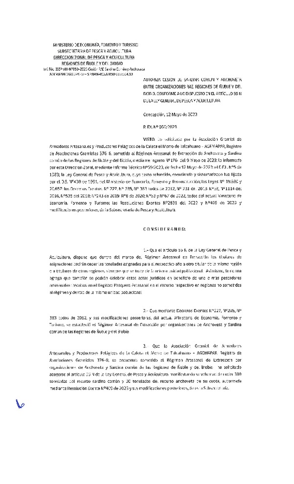 Res. Ex. N° 059-2023 (DZP Ñuble y del Biobío) Autoriza cesión Sardina común y Anchoveta. (Publicado en Página Web 15-05-2023)