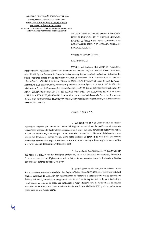 Res. Ex. N° 061-2023 (DZP Ñuble y del Biobío) Autoriza cesión Sardina común y Anchoveta. (Publicado en Página Web 15-05-2023)