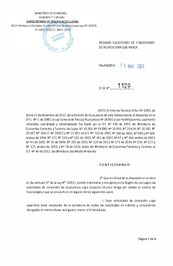 Res. Ex. N° 1129-2023 Rechaza solicitudes de concesiones de acuicultura que indica.