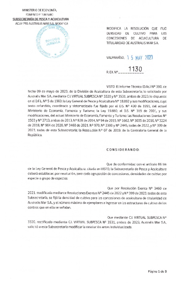 Res. Ex. N° 1130-2022 Modifica Res. Ex. N° 3460-2021 Fija densidad de cultivo para las concesiones de Australis Mar S.A. (Publicado en Página Web 15-05-2023)