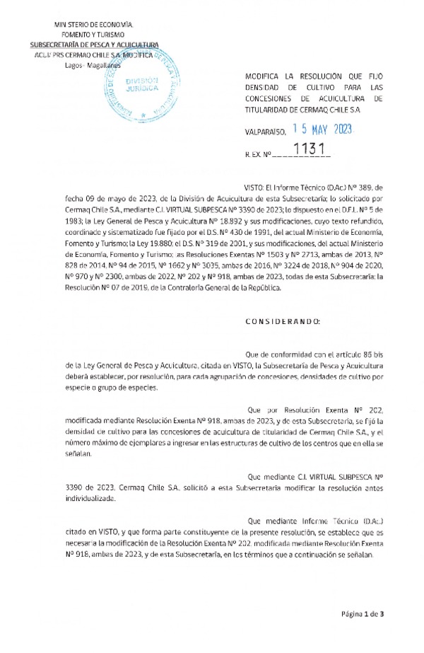 Res. Ex. N° 1131-2023 Modifica Res. Ex. N°0202-2023 Fija densidad de cultivo para las concesiones de Acuicultura de Titularidad de Cermaq Chile S.A., Aprueba programa de manejo que indica. (Con Informe Técnico) (Publicado en Página Web 15-05-2023)