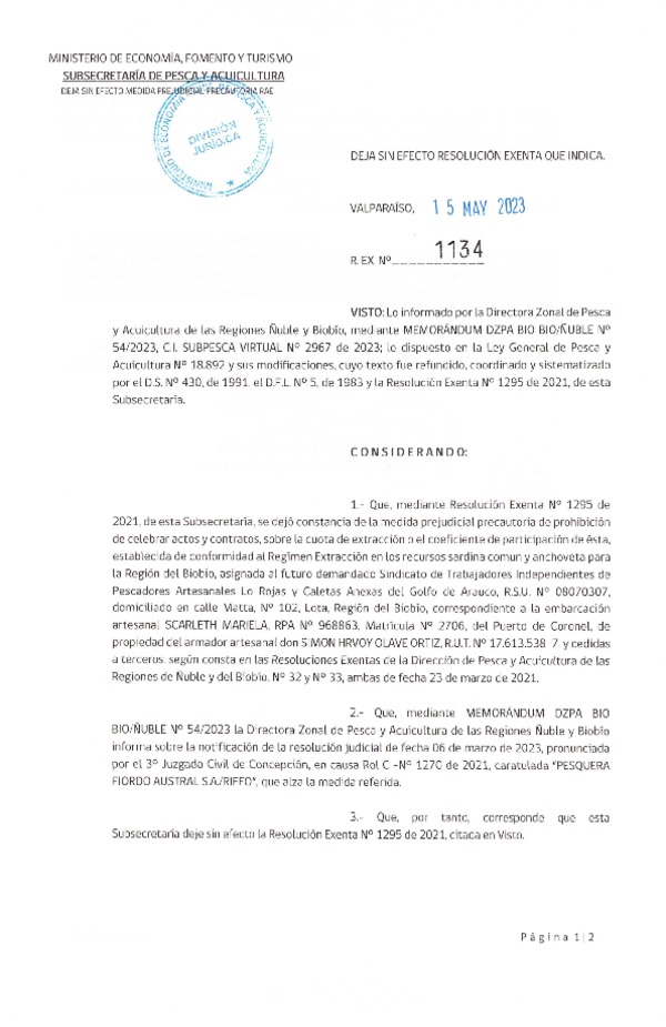 Res. Ex. N° 1134-2023 Deja sin efecto Res. Ex. N° 1295-2021 Informa lo que Indica para Los Efectos del Artículo 55 N de la LGPA. (Publicado en Página Web 15-05-2023).