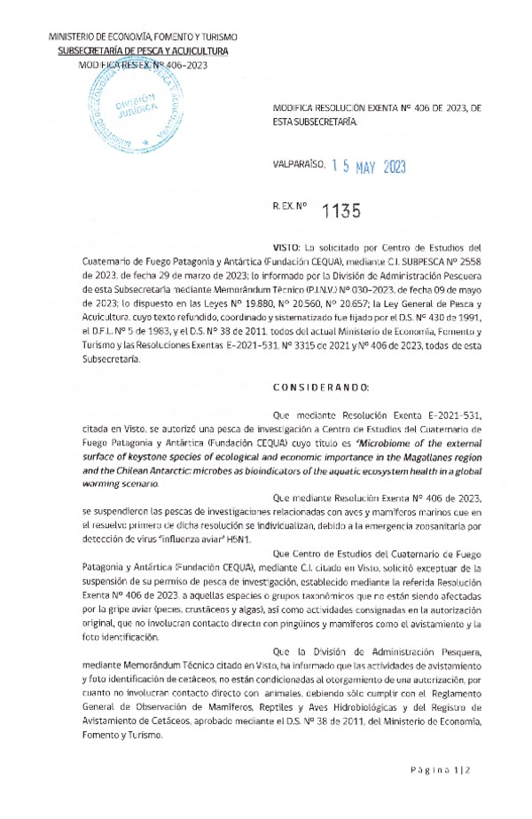 Res. Ex. 1135-2023 Modifica Res. Ex. N° 406-2023 que Establece Suspensión de Autorizaciones que Indica. (Publicado en Página Web 15-05-2023)