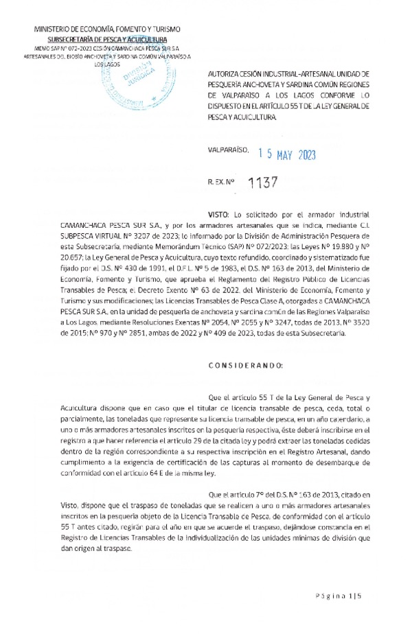 Res. Ex N° 1137-2023, Autoriza Cesión Anchoveta y Sardina Común Regiones de Valparaíso de Los Lagos. (Publicado en Página Web 15-05-2023)