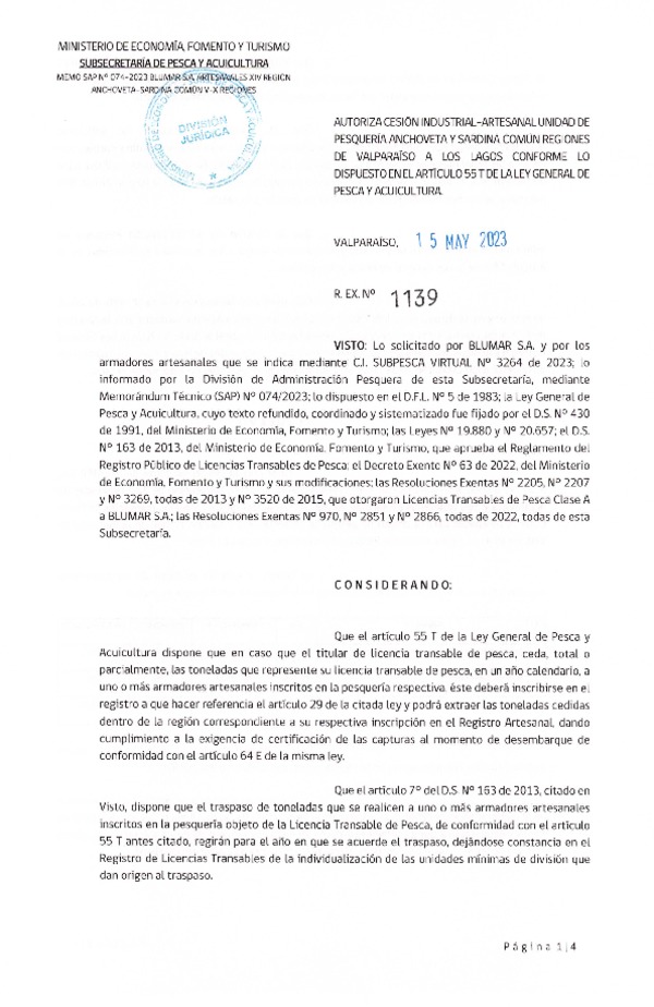 Res. Ex N° 1139-2023, Autoriza Cesión Anchoveta y Sardina Común Regiones de Valparaíso de Los Lagos. (Publicado en Página Web 15-05-2023)