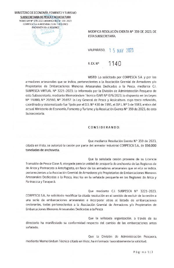 Res. Ex. N° 1140-2023 Modifica Res. ex. N° 359-2023 (Publicado en Página Web 15-05-2023)