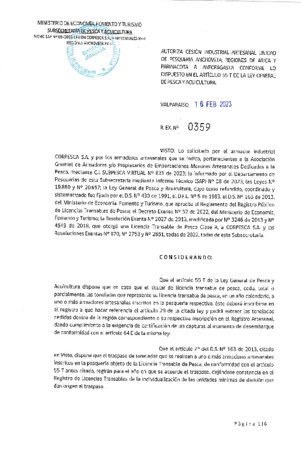 Res. Ex. N°0359-2023 Autoriza cesión Industrial-Artesanal unidad de Pesquería Anchoveta, Regiones de Arica y Parinacota a Antofagasta conforme lo dispuesto en el artículo 55T de la Ley General de Pesca y Acuicultura (Publicado en Página Web 15-05-2023)