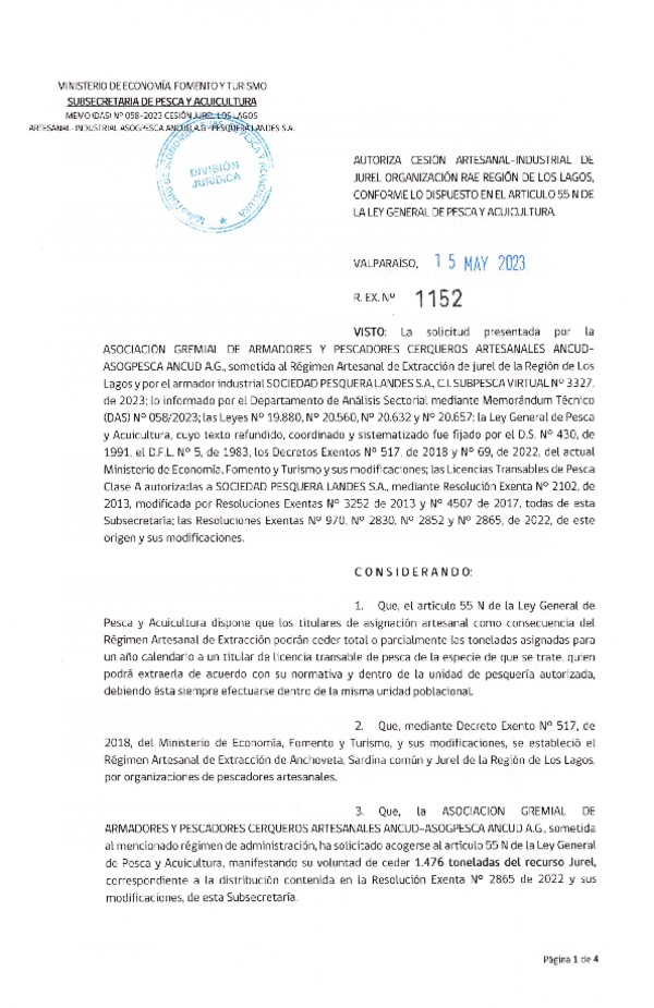 Res. Ex N° 1152-2023, Autoriza Cesión de Jurel Región de Los Lagos. (Publicado en Página Web 15-05-2023).