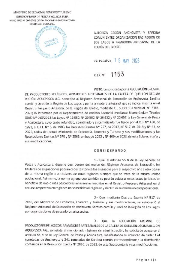 Res. Ex N° 1153-2023, Autoriza cesión Anchoveta y Sardina Común Región de Los Lagos a el Biobío. (Publicado en Página Web 15-05-2023).