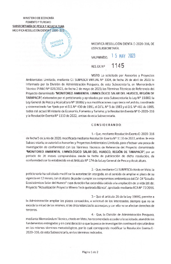 Res. Ex. N° 1145-2023 Modifica R. EX. Nº E-2020-316 Monitoreo Ambiental Limnológico Salar del Huasco, Región de Tarapacá. (Publicado en Página Web 16-05-2023)