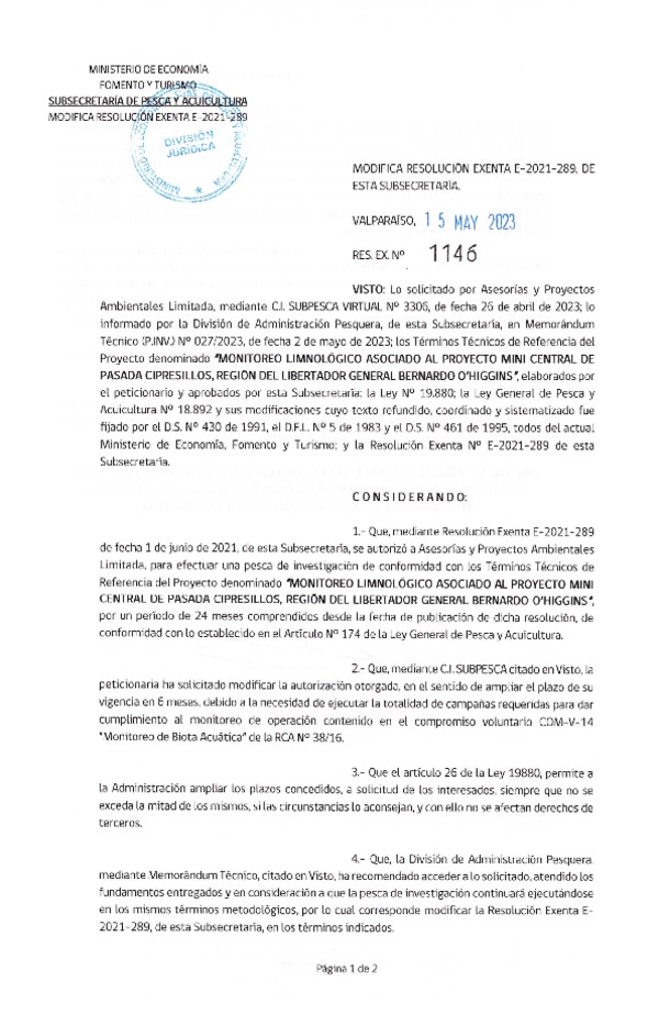 Res. Ex. N° 1146-2023 Modifica R. EX. Nº E-2021-289 MONITOREO LIMNOLÓGICO ASOCIADO AL PROYECTO MINI CENTRAL DE PASADA CIPRESILLOS, REGIÓN DEL LIBERTADOR GENERAL BERNARDO O’HIGGINS. (Publicado en Página Web 16-05-2023)