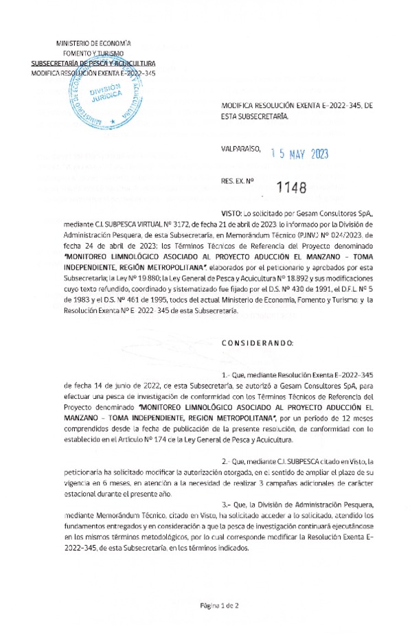 Res. Ex. 1148-2023 Modifica R. EX. Nº E-2022-345 MONITOREO LIMNOLÓGICO ASOCIADO AL PROYECTO ADUCCIÓN EL MANZANO - TOMA INDEPENDIENTE, REGIÓN METROPOLITANA. (Publicado en Página Web 15-05-2023)