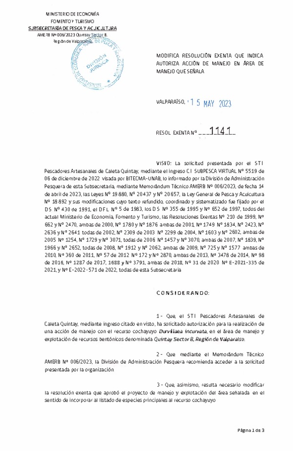 Res. Ex. N° 1141-2023 Modifica resolución que indica, Autoriza  acción de manejo. (Publicado en Página Web 16-05-2023)