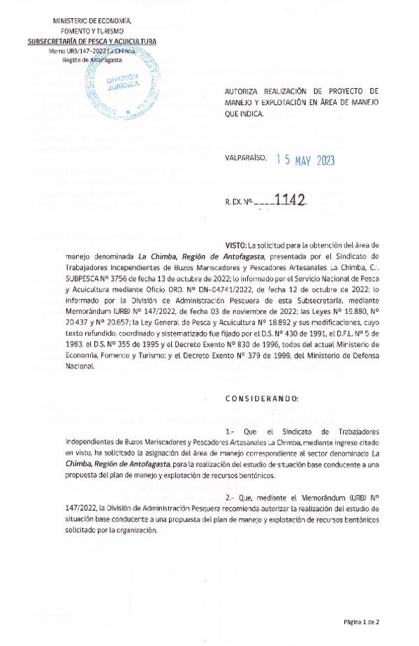 Res. Ex. N° 1142-2023 Autoriza  realización de proyecto de manejo. (Publicado en Página Web 16-05-2023)