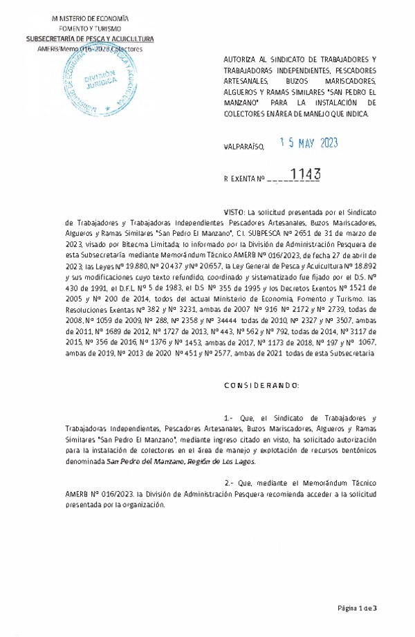 Res. Ex. N° 1143-2023 Autoriza instalación de colectores. (Publicado en Página Web 16-05-2023)