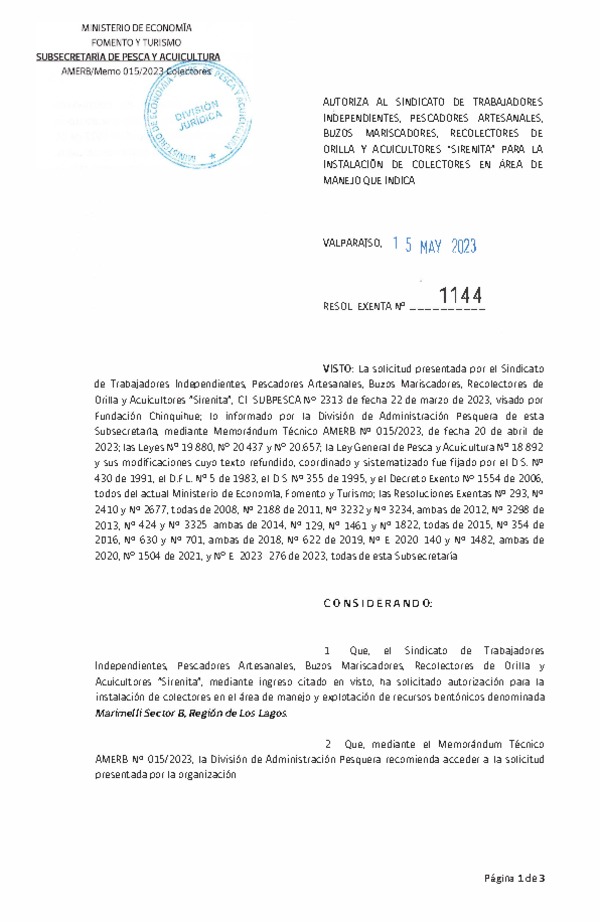 Res. Ex. N° 1144-2023 Autoriza instalación de colectores. (Publicado en Página Web 16-05-2023)