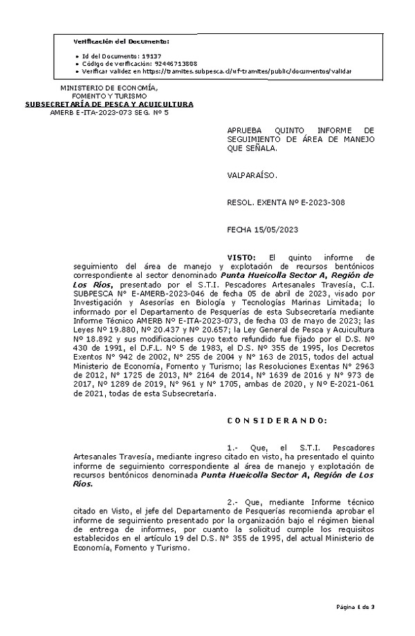 R. EX. N° E-2023-308 Aprueba 5° seguimiento. (Publicado en Página Web 16-05-2023).