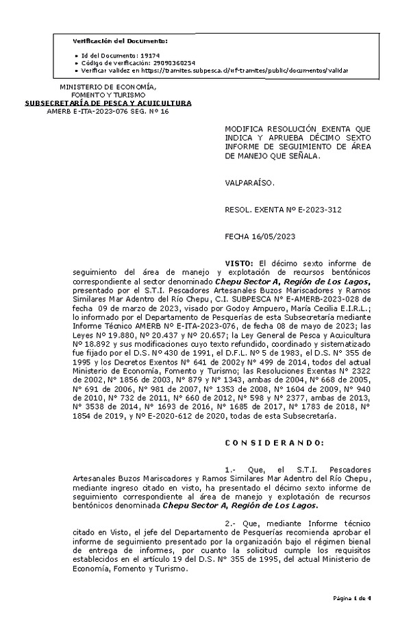 R. EX. N° E-2023-312 Modifica Resolución que Indica, Aprueba 16° seguimiento. (Publicado en Página Web 16-05-2023).