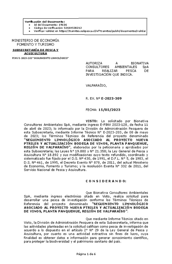 R. EX. Nº E-2023-309 AUTORIZA A BIONATIVA CONSULTORES AMBIENTALES SpA PARA REALIZAR PESCA DE INVESTIGACIÓN QUE INDICA. (Publicado en Página Web 16-05-2023)