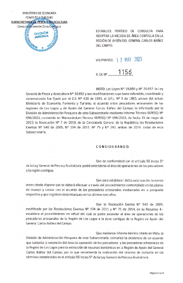 Res. Ex N° 1156-2023, Establece periodo de consulta para adoptar la medida de área contigua en la Región de Aysén del General Carlos Ibáñez del Campo (Publicado en Página Web 17-05-2023).