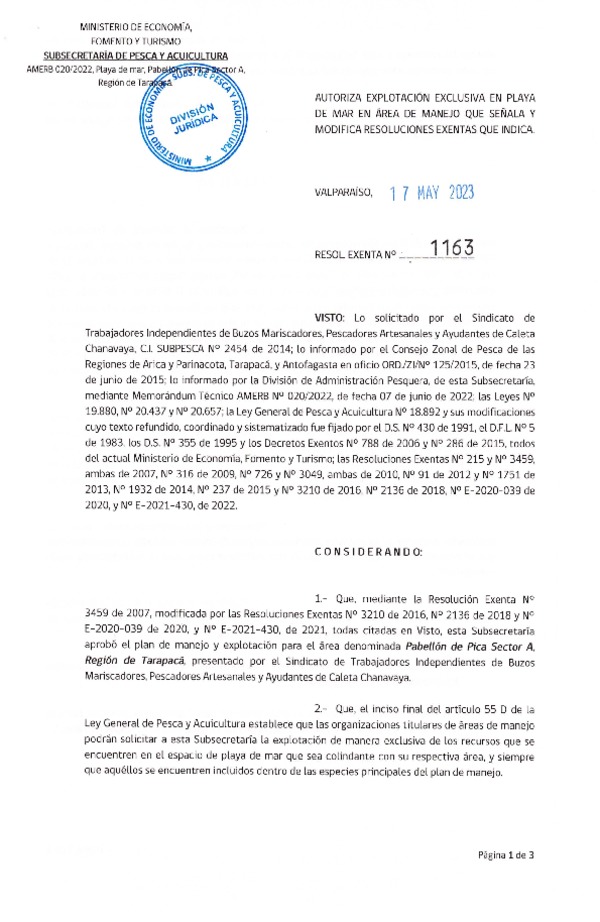 Res. Ex. N° 1163-2023 Autoriza Explotación Exclusiva en Playa de Mar y Modifica Resoluciones Exentas que Indica. (Publicado en Página Web 18-05-2023)