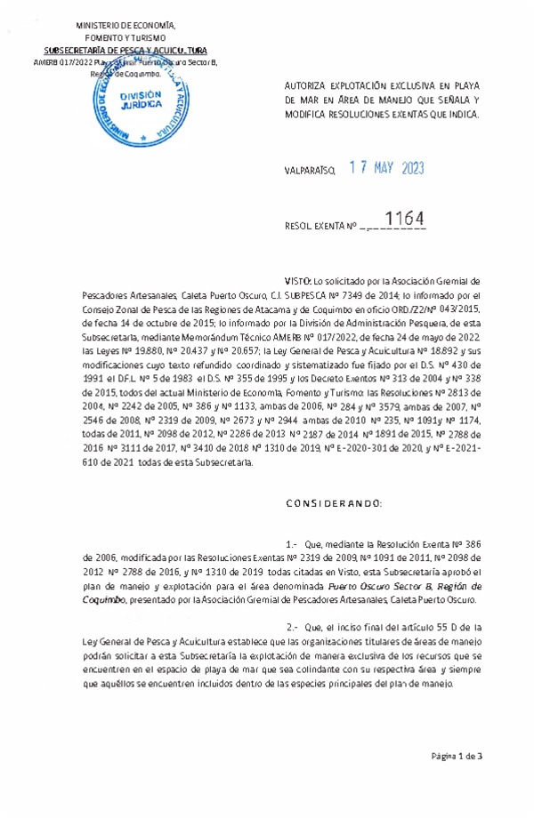 Res. Ex. N° 1164-2023 Autoriza Explotación Exclusiva en Playa de Mar y Modifica Resoluciones Exentas que Indica. (Publicado en Página Web 18-05-2023)