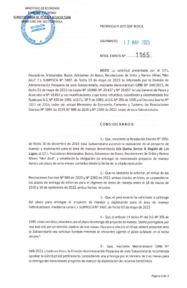 Res. Ex. N° 1165-2023 Prorroga plazo que indica. (Publicado en Página Web 18-05-2023)