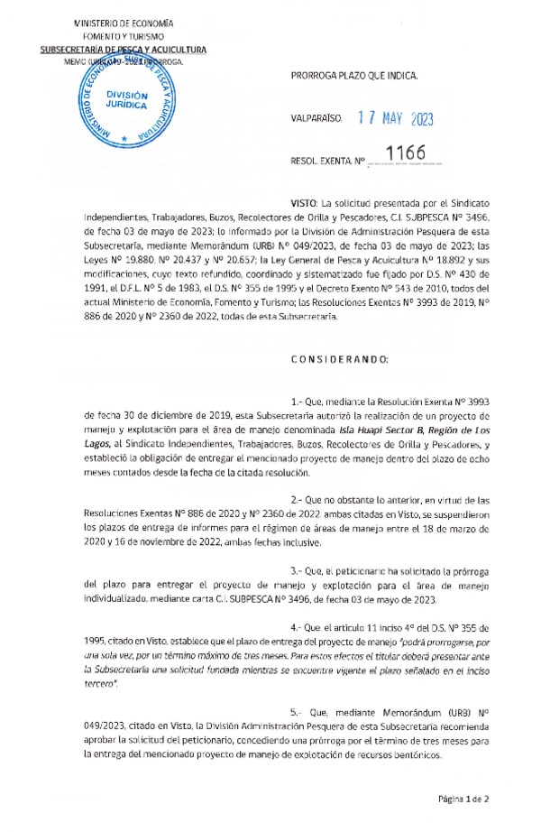Res. Ex. N° 1166-2023 Prorroga plazo que indica. (Publicado en Página Web 18-05-2023)