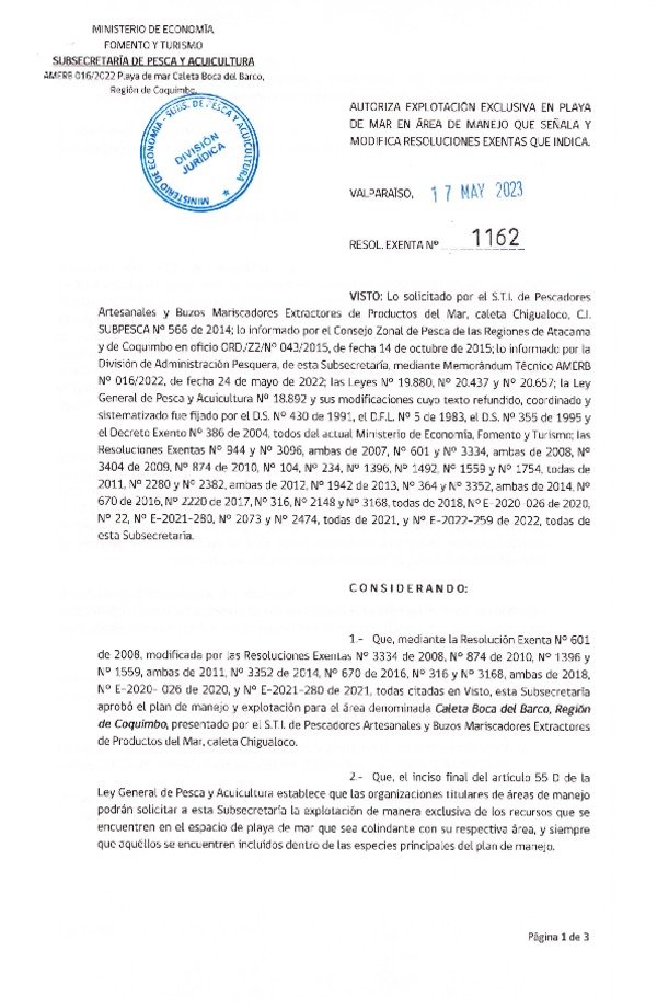 Res. Ex. N° 1162-2023 Autoriza Explotación Exclusiva en Playa de Mar y Modifica Resoluciones Exentas que Señala. (Publicado en Página Web 18-05-2023)