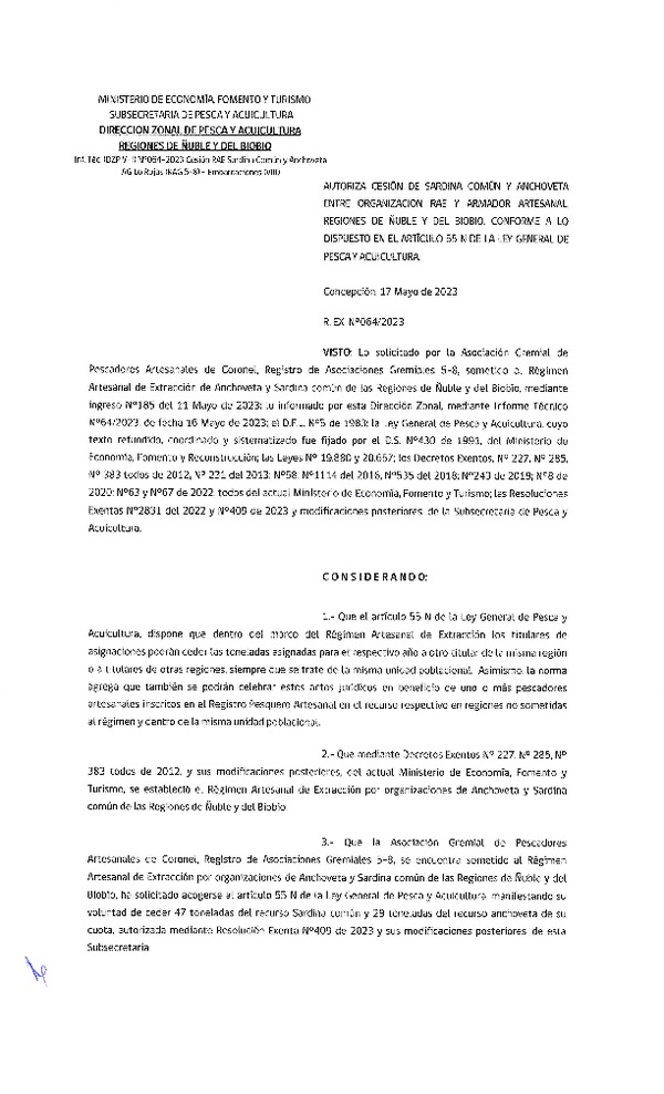 Res. Ex. N° 064-2023 (DZP Ñuble y del Biobío) Autoriza cesión Sardina común y Anchoveta. (Publicado en Página Web 18-05-2023)