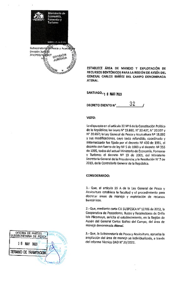 Dec. Ex. N° 32-2023 Establece Área de Manejo y Explotación de Recursos Bentónicos Denominada Atenai, Región de Aysén del General Carlos Ibañez del Campo. (Publicado en Página Web 18-05-2023)