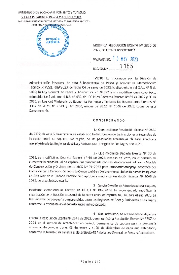 Res. Ex. N° 1155-2023 Modifica Res. Ex. N° 2830-2022 Establece Distribución de las Fracciones Artesanales de Jurel por Región, Año 2023. (Publicado en Página Web 18-05-2023)