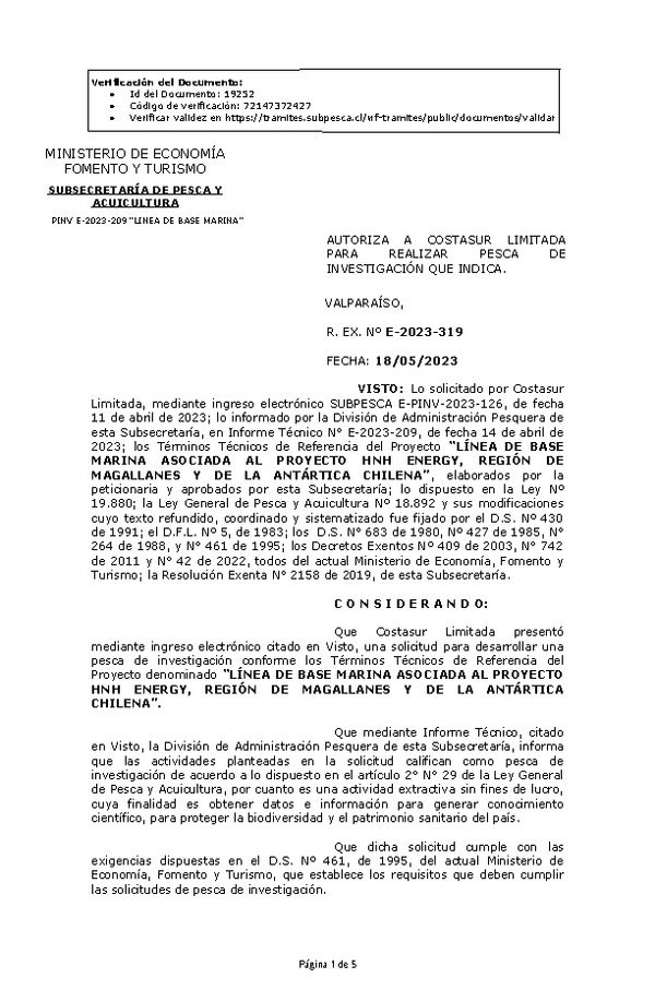 R. EX. Nº E-2023-318 AUTORIZA A FISIOAQUA SpA PARA REALIZAR PESCA DE INVESTIGACIÓN QUE INDICA. (Publicado en Página Web 19-05-2023)