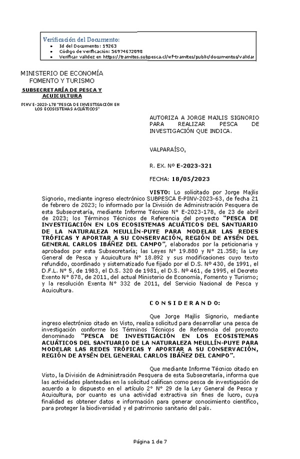 R. EX. Nº E-2023-321 AUTORIZA A JORGE MAJLIS SIGNORIO PARA REALIZAR PESCA DE INVESTIGACIÓN QUE INDICA. (Publicado en Página Web 19-05-2023)