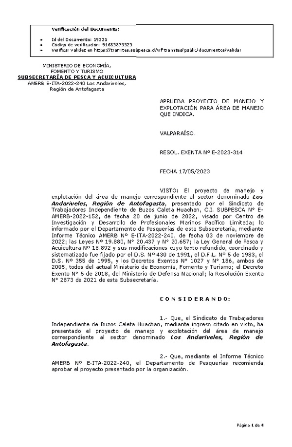 RESOL. EXENTA Nº E-2023-314 Aprueba plan de manejo. (Publicado en Página Web 19-05-2023)