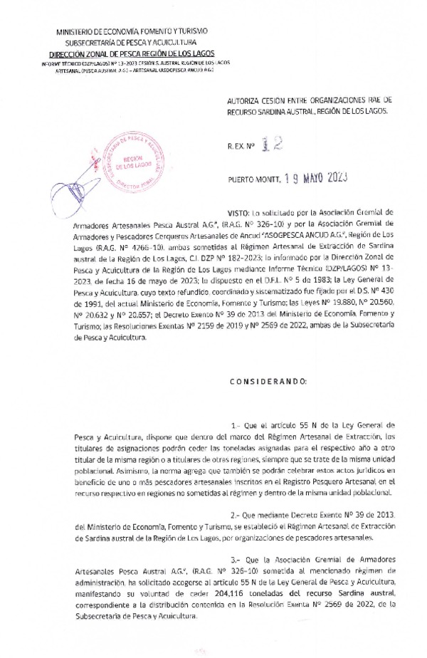Res. Ex. N° 12-2023 (DZP Los Lagos) Autoriza cesión sardina austral Región de Los Lagos. (Publicado en Página Web 19-05-2023)