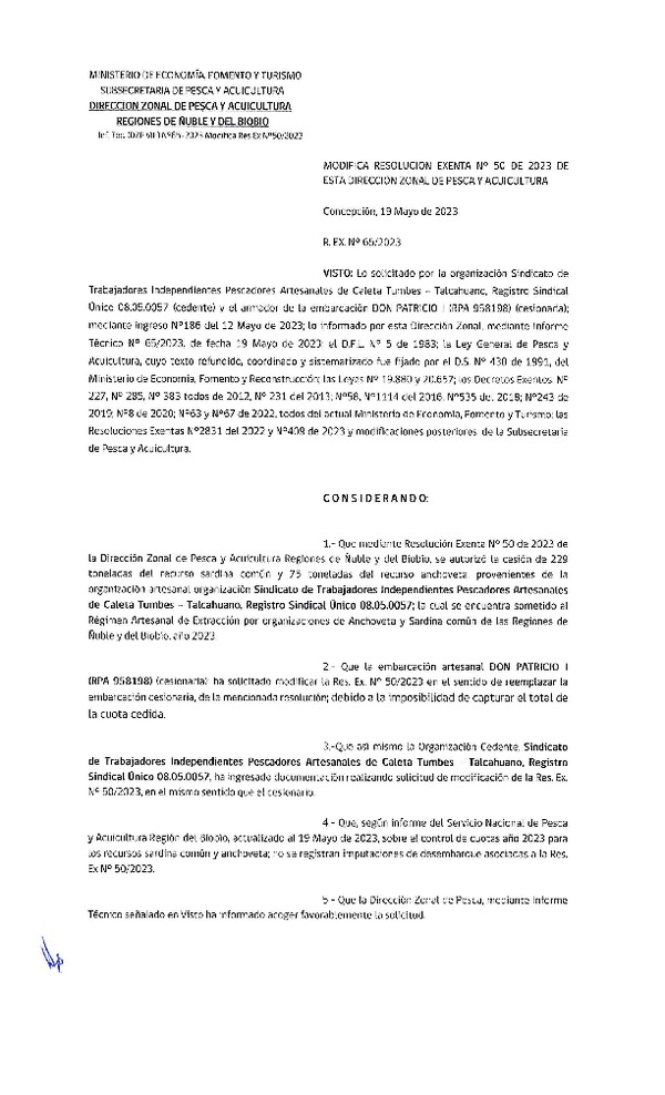 Res. Ex. N° 065-2023  Modifica Res. Ex. N° 050-2023 (DZP Ñuble y del Biobío) Autoriza cesión Sardina común y Anchoveta. (Publicado en Página Web 19-05-2023)