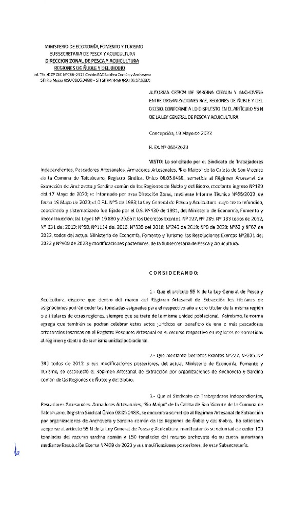 Res. Ex. N° 066-2023 (DZP Ñuble y del Biobío) Autoriza cesión Sardina común y Anchoveta. (Publicado en Página Web 19-05-2023)