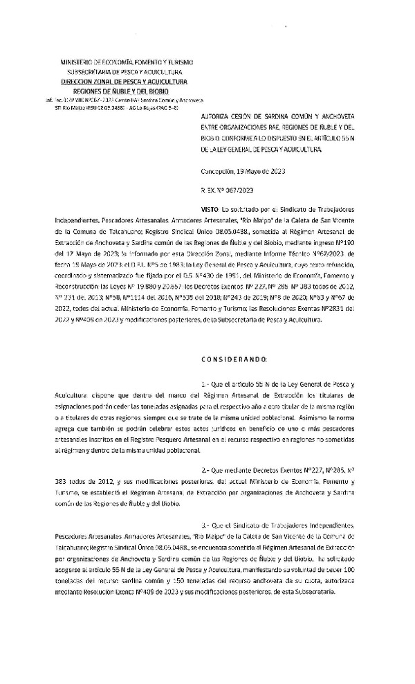 Res. Ex. N° 067-2023 (DZP Ñuble y del Biobío) Autoriza cesión Sardina común y Anchoveta. (Publicado en Página Web 19-05-2023)