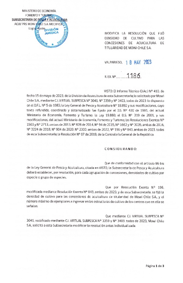 Res. Ex. N° 1186-2023 Modifica Res. Ex. N°0196-2023 Fija densidad de cultivo para las concesiones de Acuicultura de titularidad de Mowi Chile S.A., Aprueba programa de manejo que indica. (Con Informe Técnico) (Publicado en Página Web 19-05-2023)