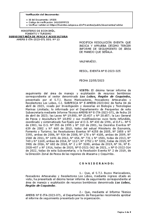 RESOL. EXENTA Nº E-2023-325  Modifica resolución que indica, Autoriza 13° seguimiento. (Publicado en Página Web 23-05-2023)