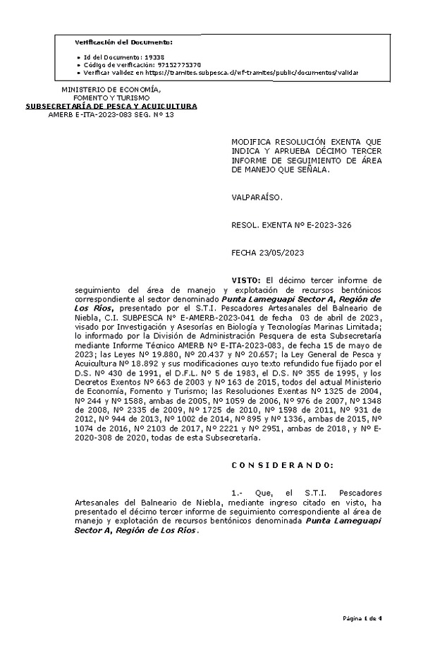 RESOL. EXENTA Nº E-2023-326 Modifica resolución que indica, Aprueba 13° Seguimiento. (Publicado en Página Web 24-05-2023)