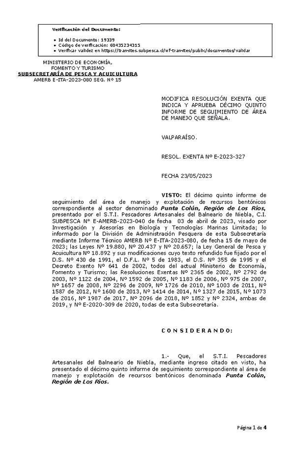 RESOL. EXENTA Nº E-2023-327 Modifica resolución que indica, Aprueba 15° Seguimiento. (Publicado en Página Web 24-05-2023)