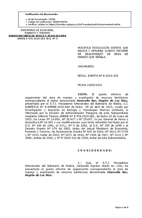 RESOL. EXENTA Nº E-2023-328 Modifica resolución que indica, Aprueba 5° Seguimiento. (Publicado en Página Web 24-05-2023)