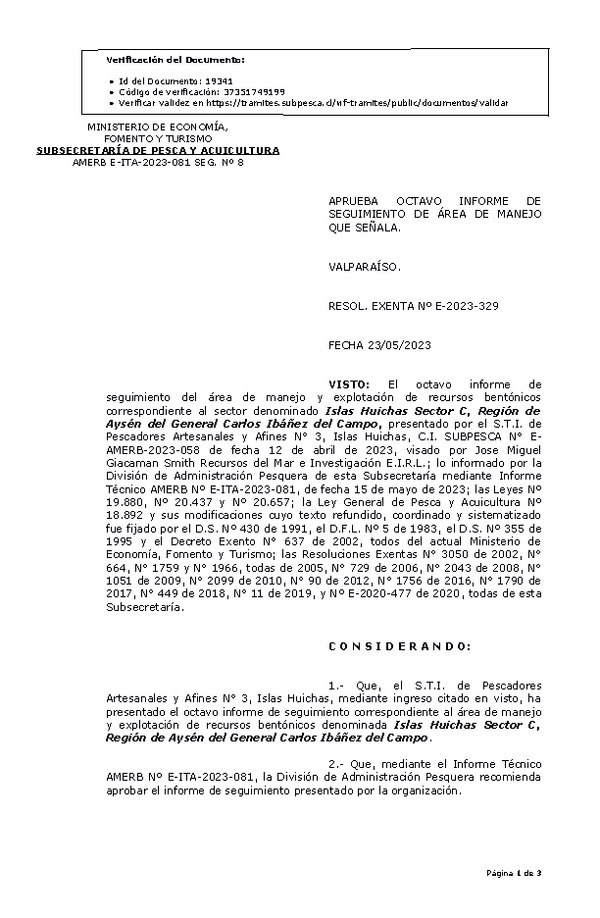 RESOL. EXENTA Nº E-2023-329  Aprueba 8° Seguimiento. (Publicado en Página Web 24-05-2023)