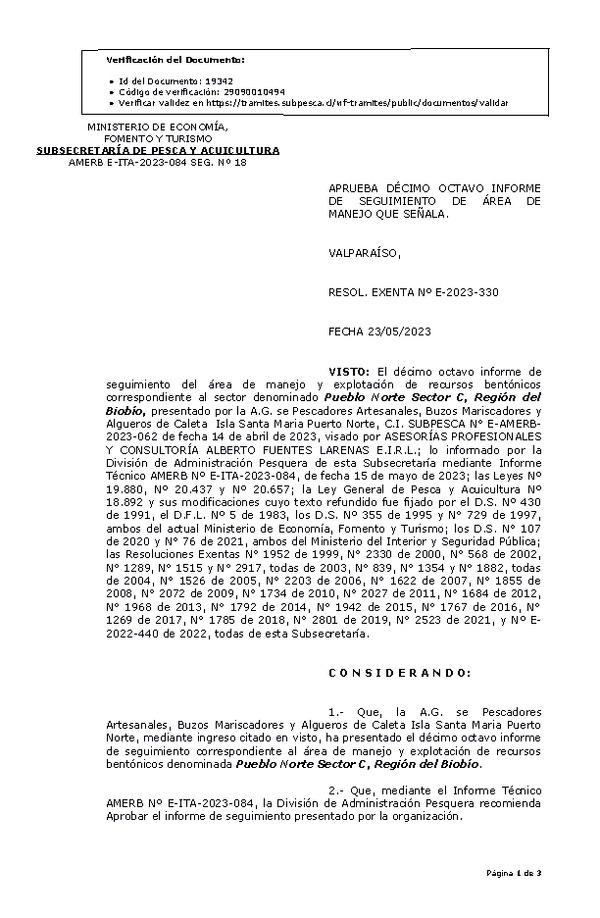 RESOL. EXENTA Nº E-2023-330  Aprueba 18° Seguimiento. (Publicado en Página Web 24-05-2023)